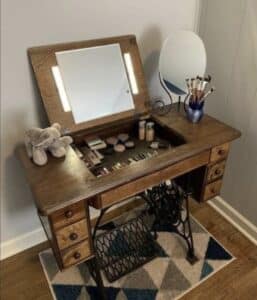  This make-up vanity was repurposed from an old sewing machine table 